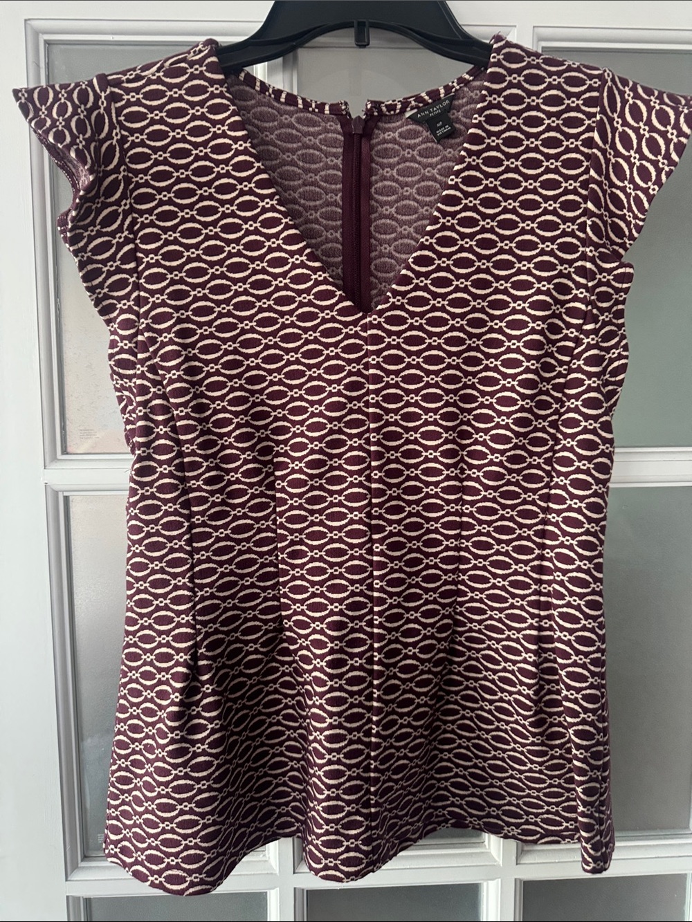 Ann Taylor Burgundy Patterned Cap Sleeve Peplum Top